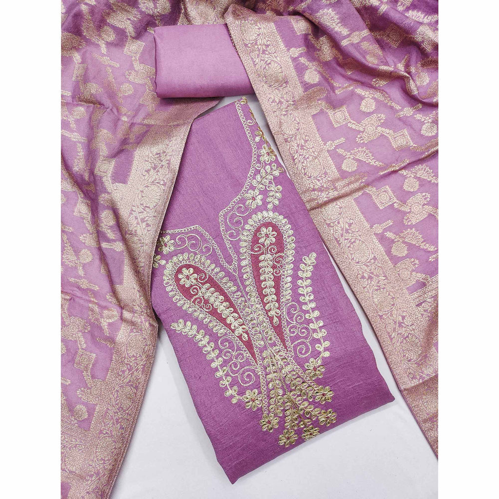 Onion Pink Vichitra Silk Dress Material Enhanced With Elegant Floral Sequins Cording Embroidery