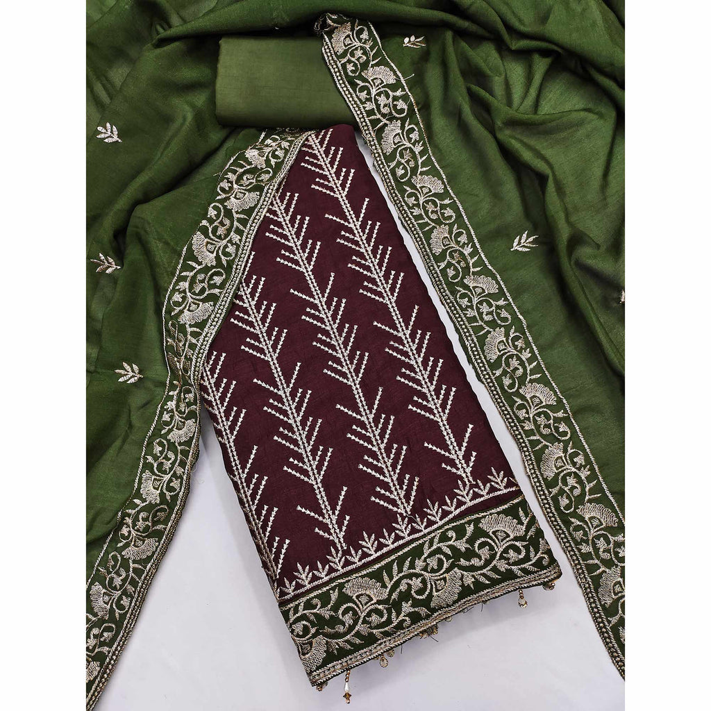 Dark Maroon Vichitra Silk Dress Material Featuring Graceful Floral Embroidery Work