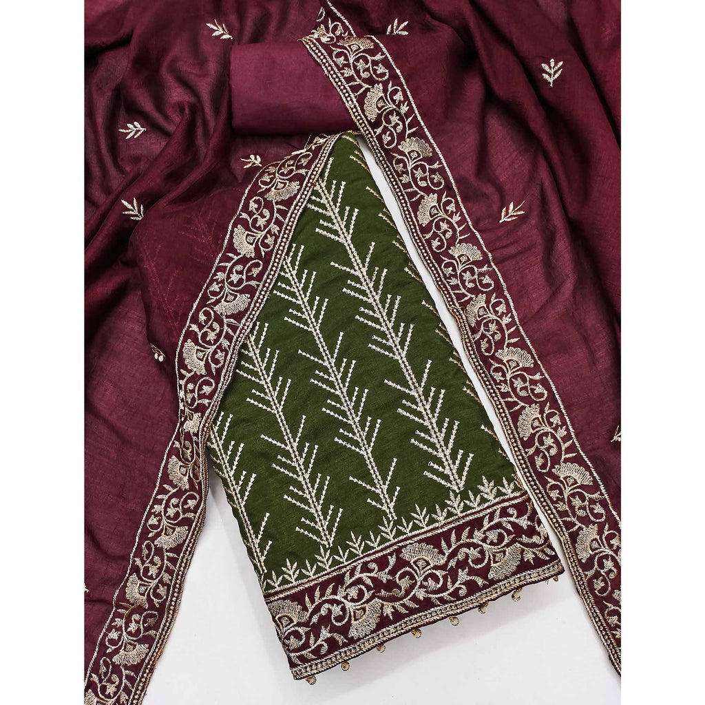 Green Vichitra Silk Dress Material Featuring Graceful Floral Embroidery Work