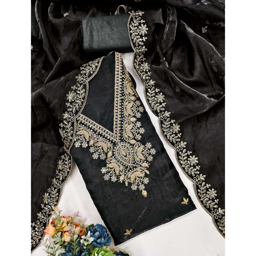 Black Unstitched Organza Suit with Thread Embroidery