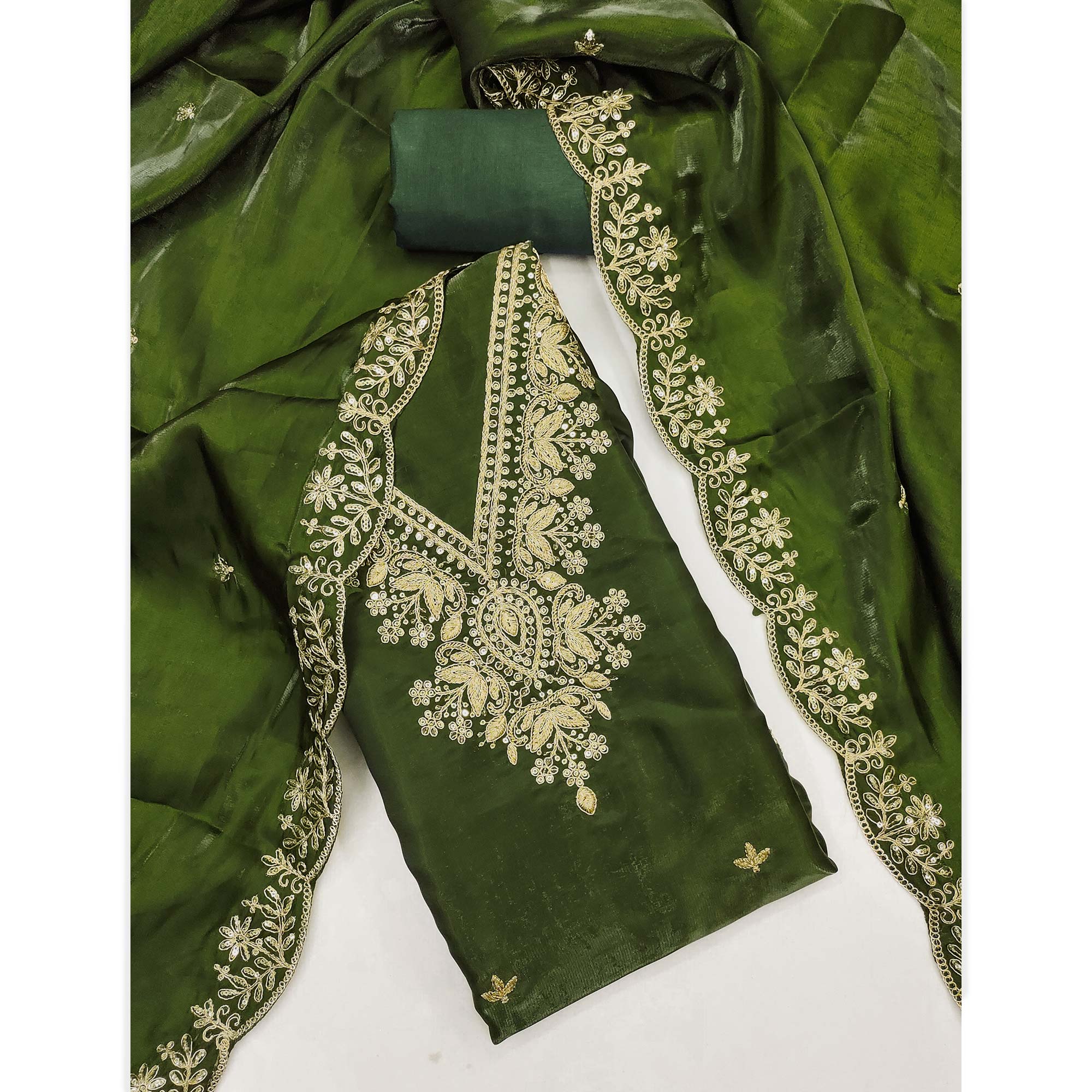 Green Unstitched Organza Suit with Thread Embroidery