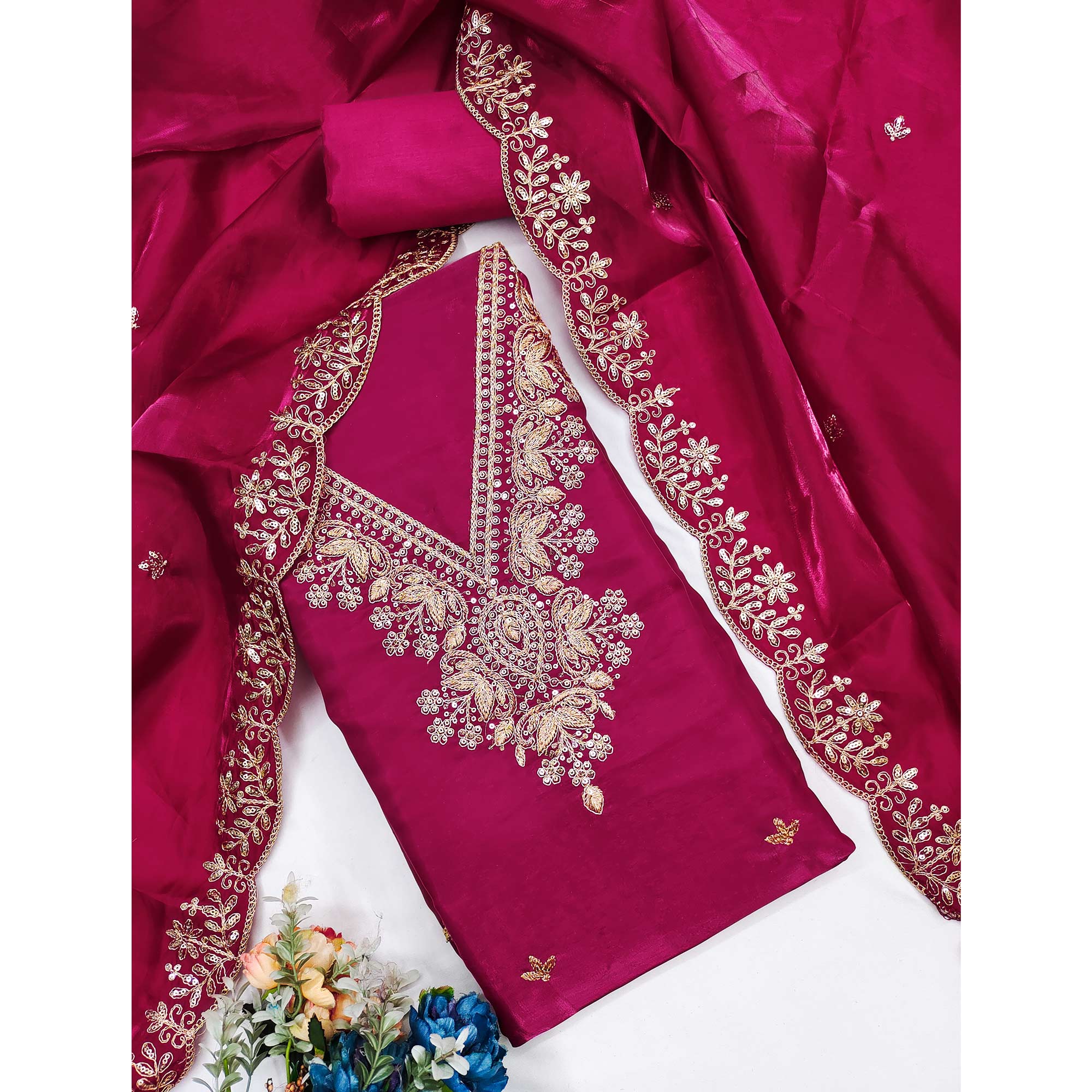 Pink Unstitched Organza Suit with Thread Embroidery