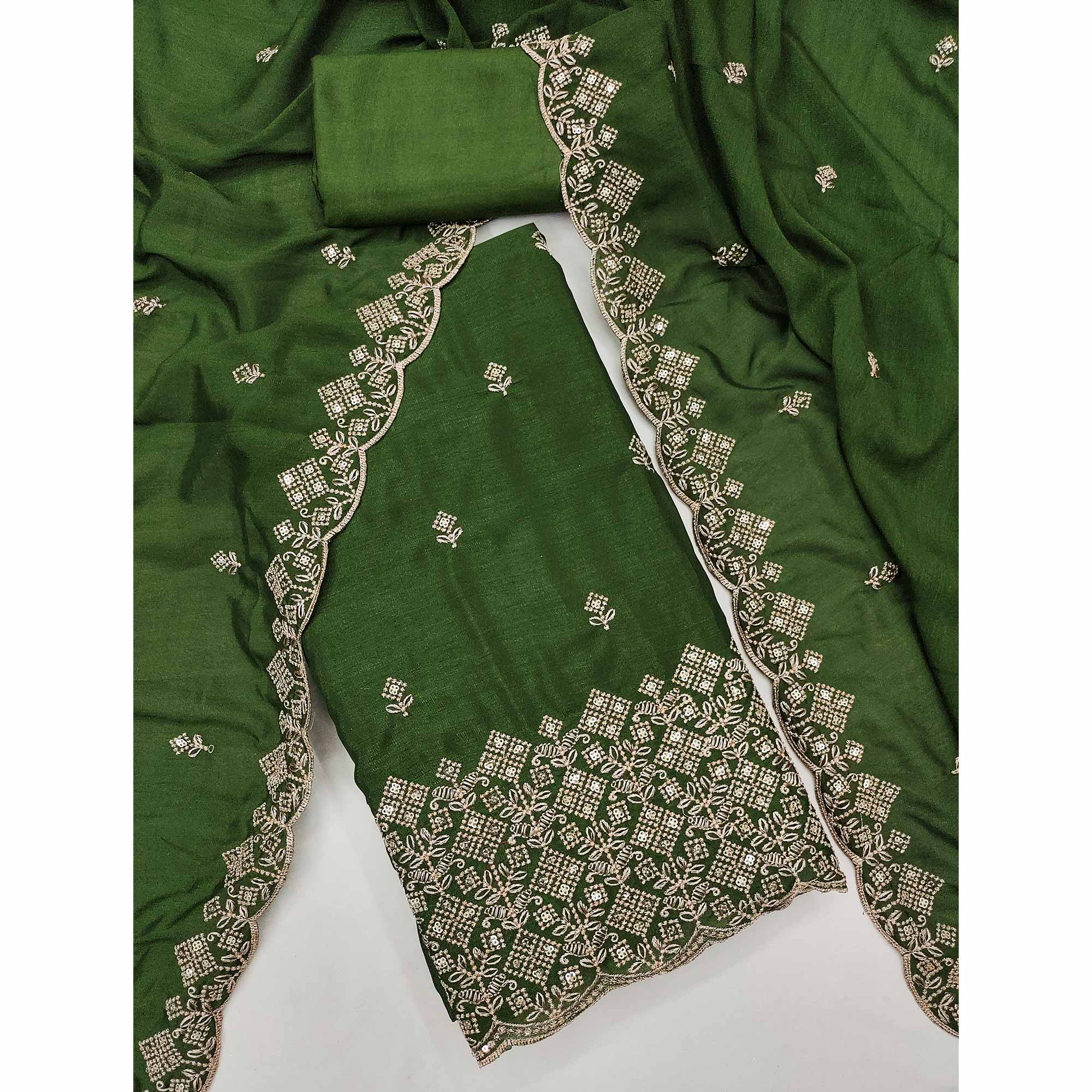 Green Vichitra Silk Dress Material Featuring Intricate Floral Embroidery & Sequins Work
