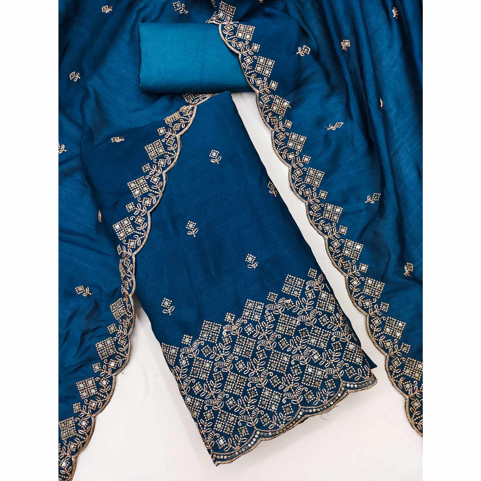 Morpich Blue Vichitra Silk Dress Material Featuring Intricate Floral Embroidery & Sequins Work