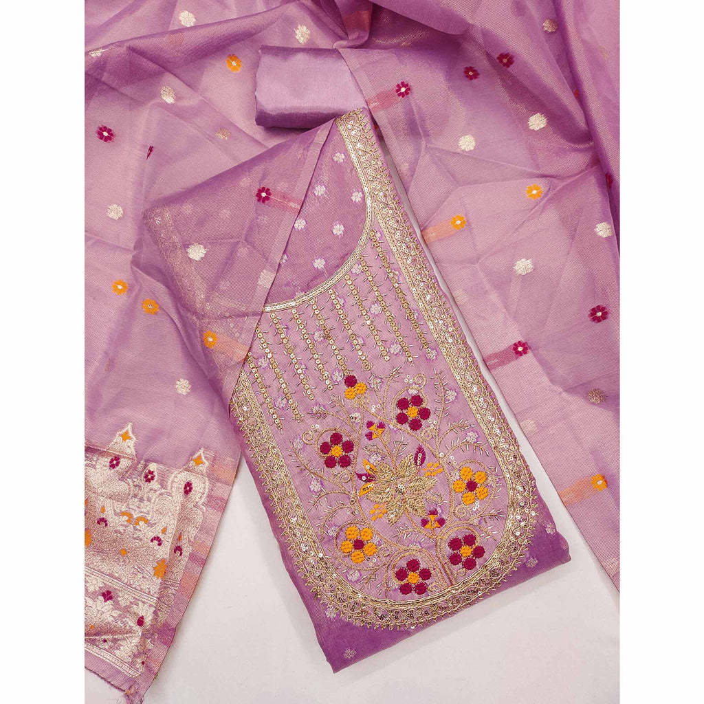 Lavender Shimmer Dress Material Adorned With Graceful Floral Weaving & Delicate Sequins Embroidery