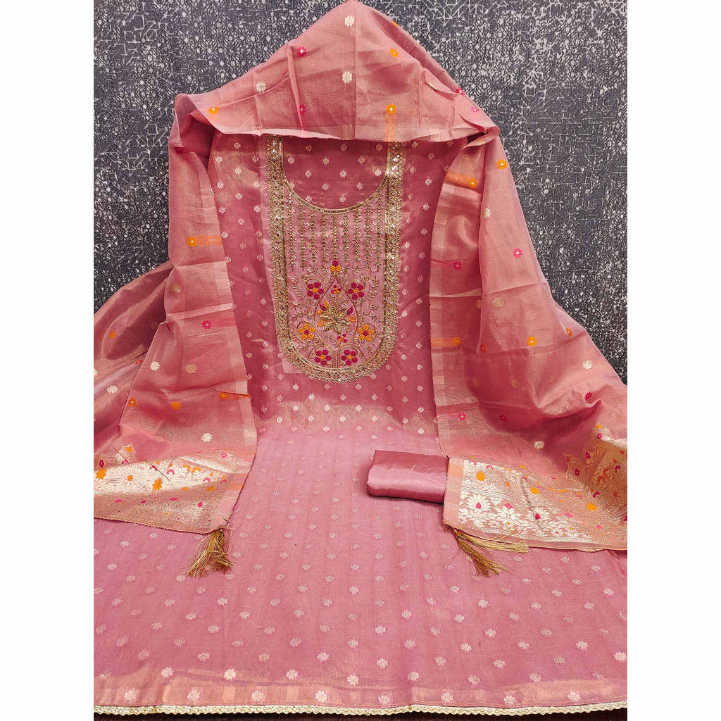 Peach Shimmer Dress Material Adorned With Graceful Floral Weaving & Delicate Sequins Embroidery