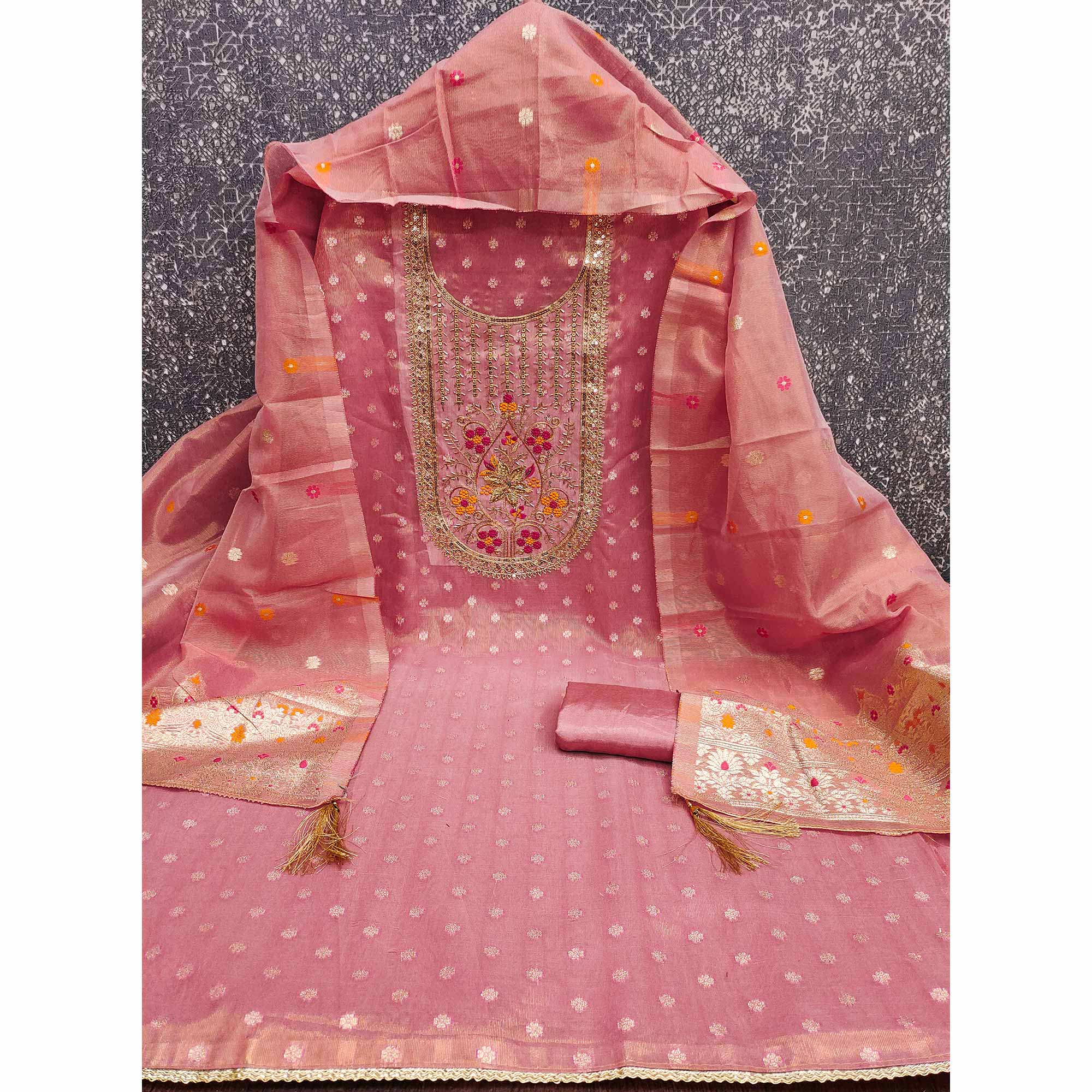 Peach Shimmer Dress Material Adorned With Graceful Floral Weaving & Delicate Sequins Embroidery