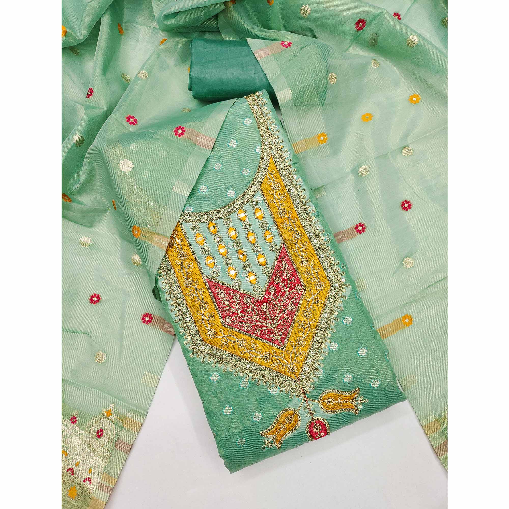 Green Shimmer Dress Material Featuring Floral Weaving & Sparkling Sequins Embroidery