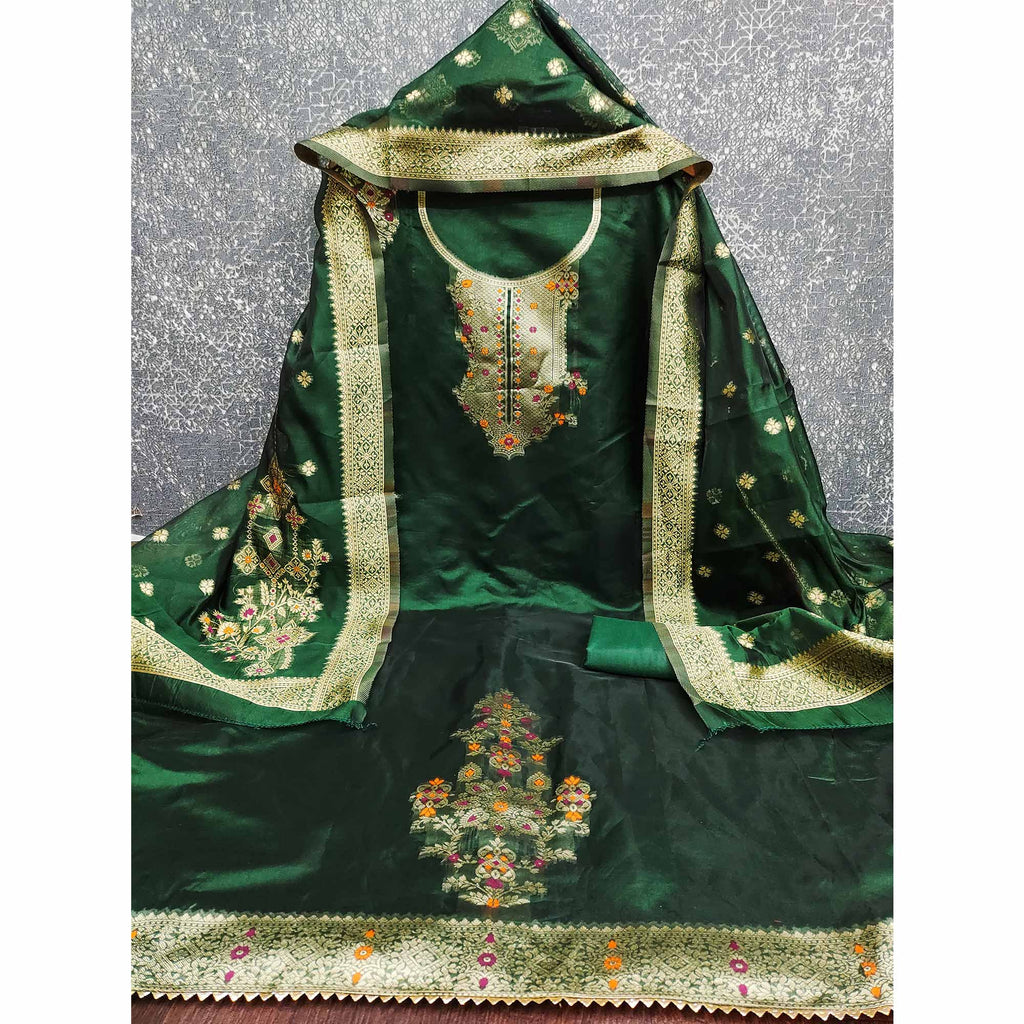 Green Organza Silk Dress Material Adorned With Exquisite Floral Zari Weaving Work