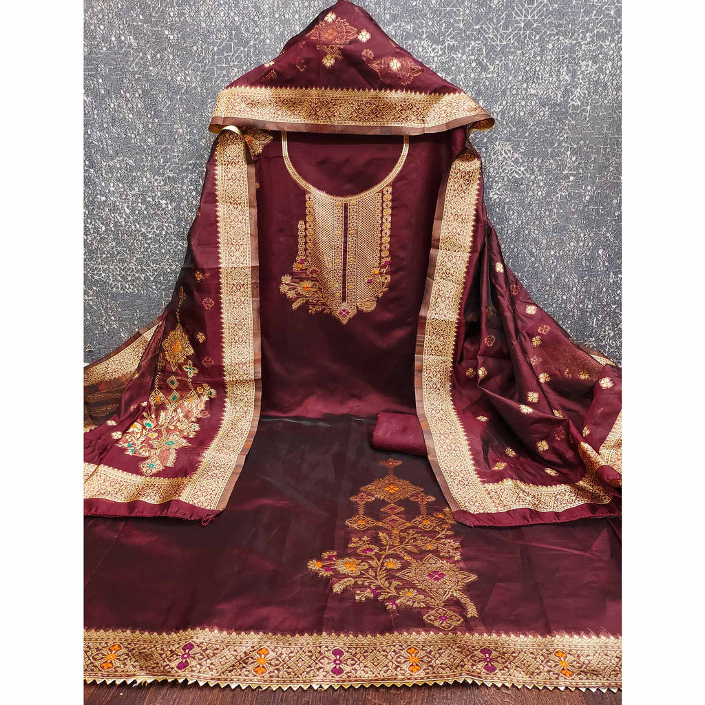 Maroon Organza Silk Dress Material Adorned With Exquisite Floral Zari Weaving Work
