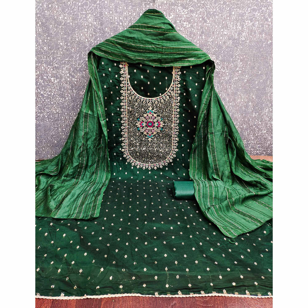 Green Floral Butti Jacquard Chanderi Silk Dress Material Enhanced With Sparkling Sequins Embroidery