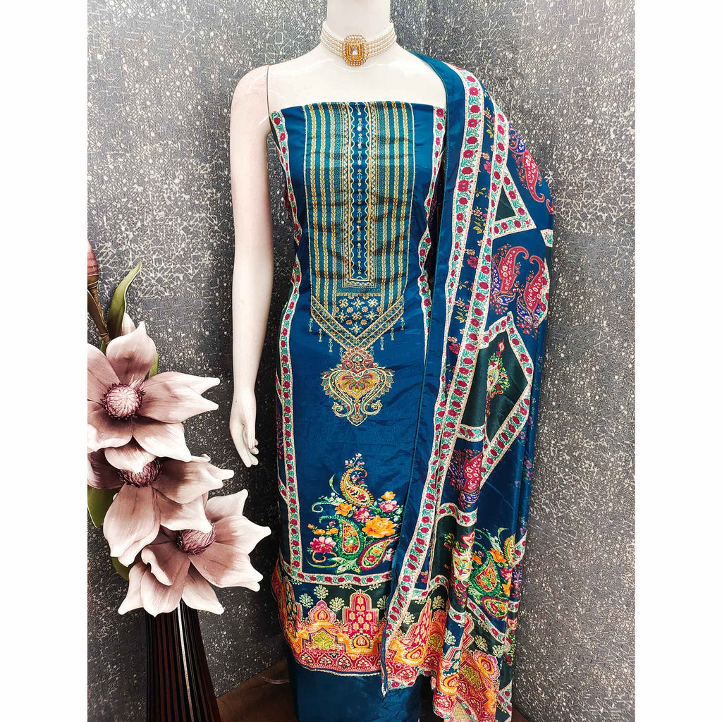 Blue Digital Printed Chinon Dress Material With Sequins & Handwork Embellishment