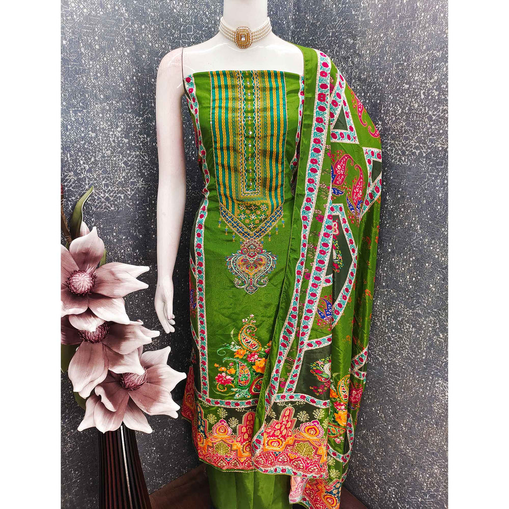 Green Digital Printed Chinon Dress Material With Sequins & Handwork Embellishment