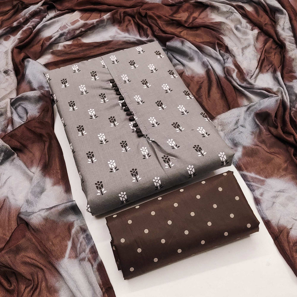 Elegant Light Grey Floral Printed Cotton Blend Dress Material