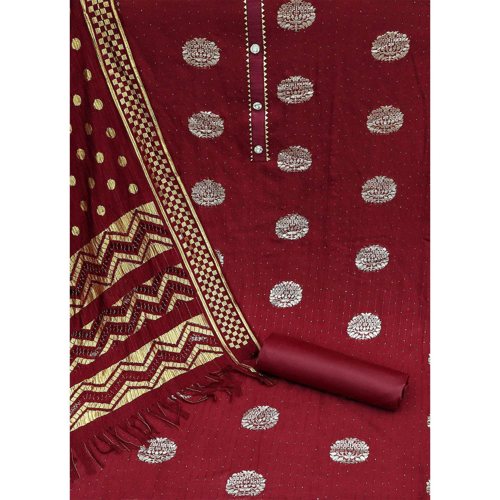 Maroon Woven Jacquard Dress Material