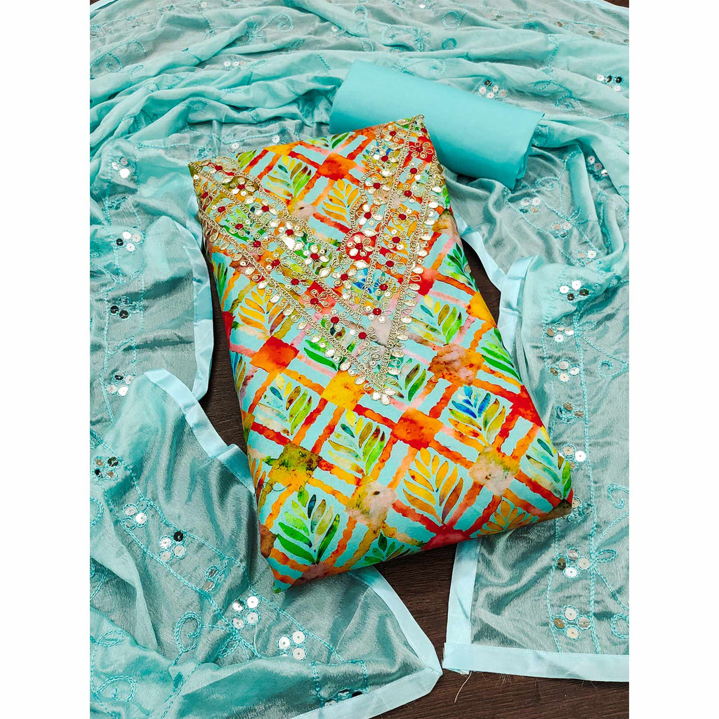 Blue Digital Printed With Sequins Work Cotton Blend Dress Material