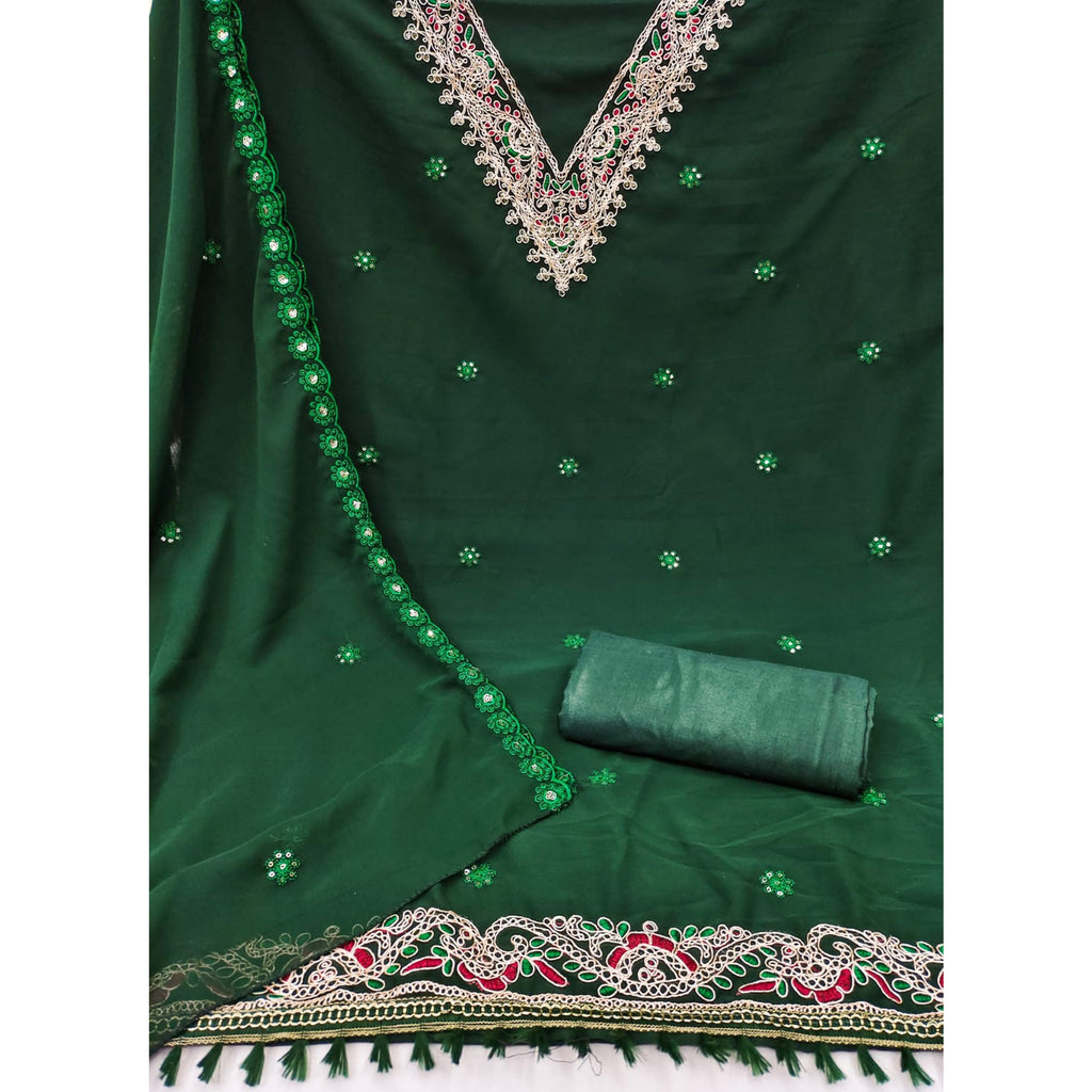 Green Sequins Embroidered Georgette Dress Material