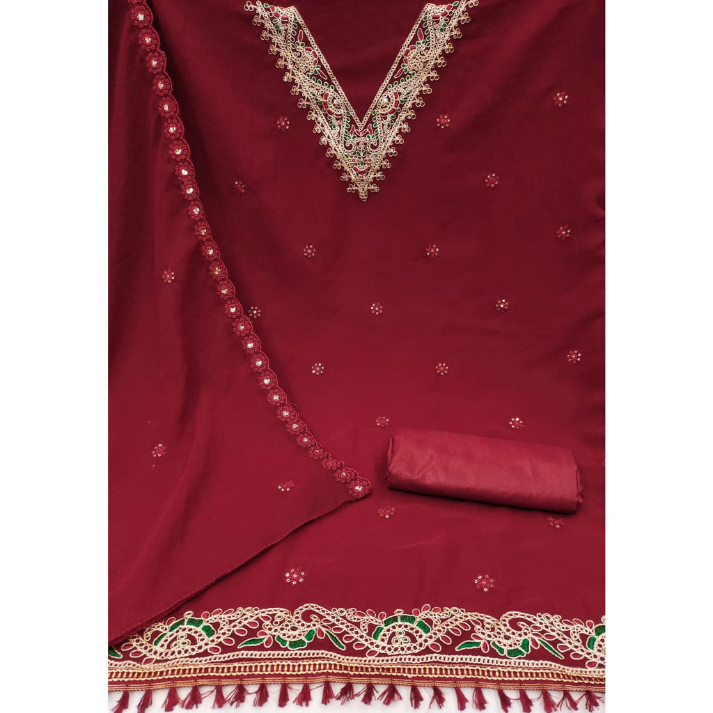Maroon Sequins Embroidered Georgette Dress Material