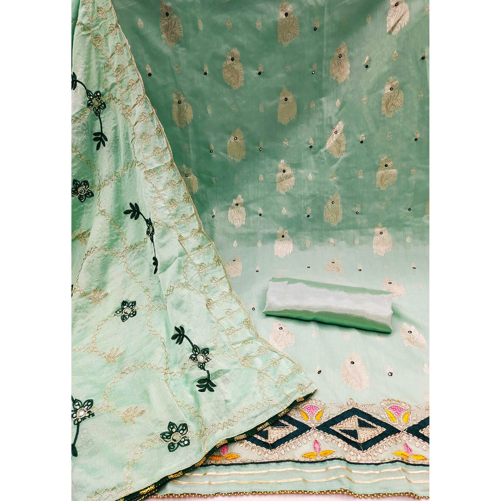 Green Floral Woven Banarasi Silk Dress Material