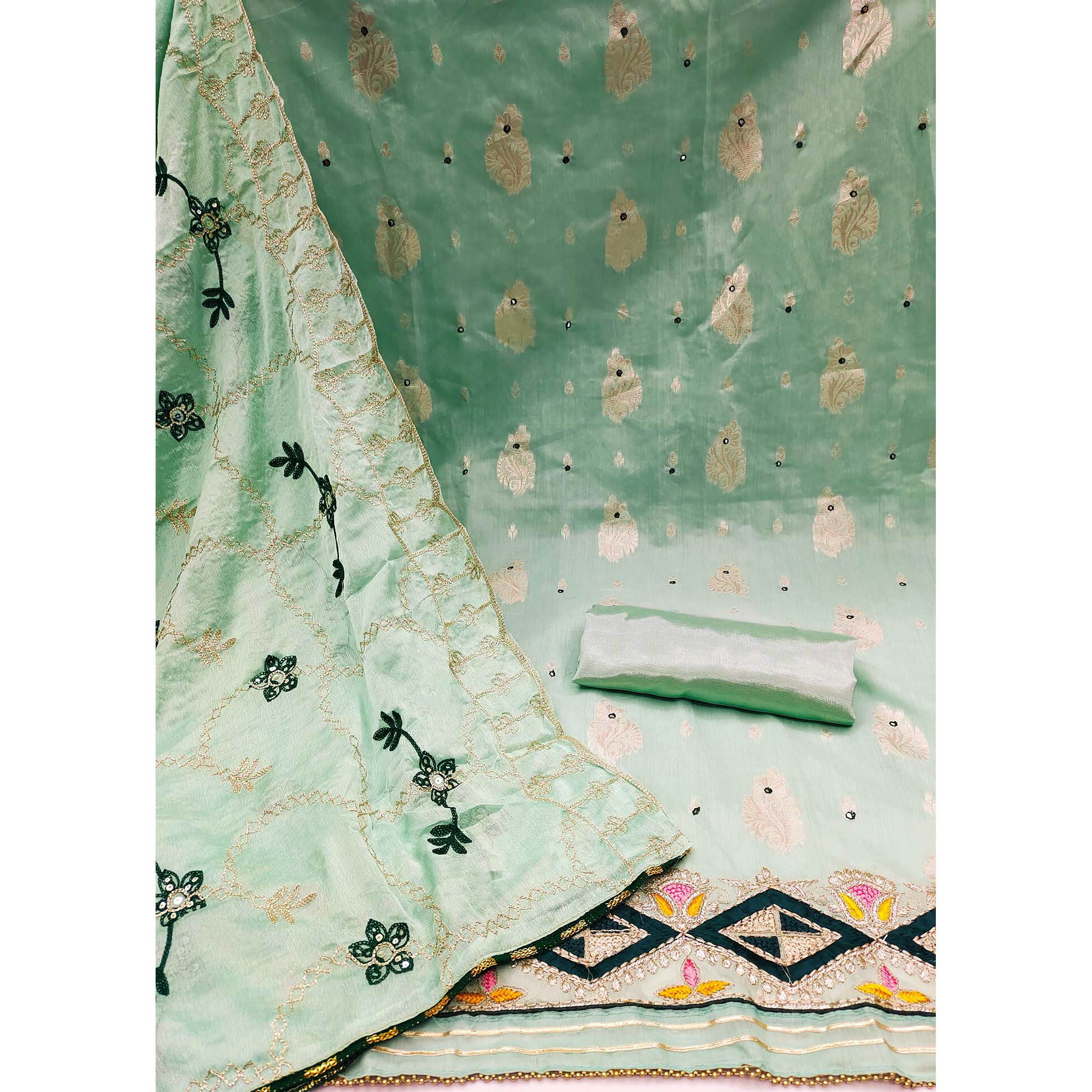 Green Floral Woven Banarasi Silk Dress Material