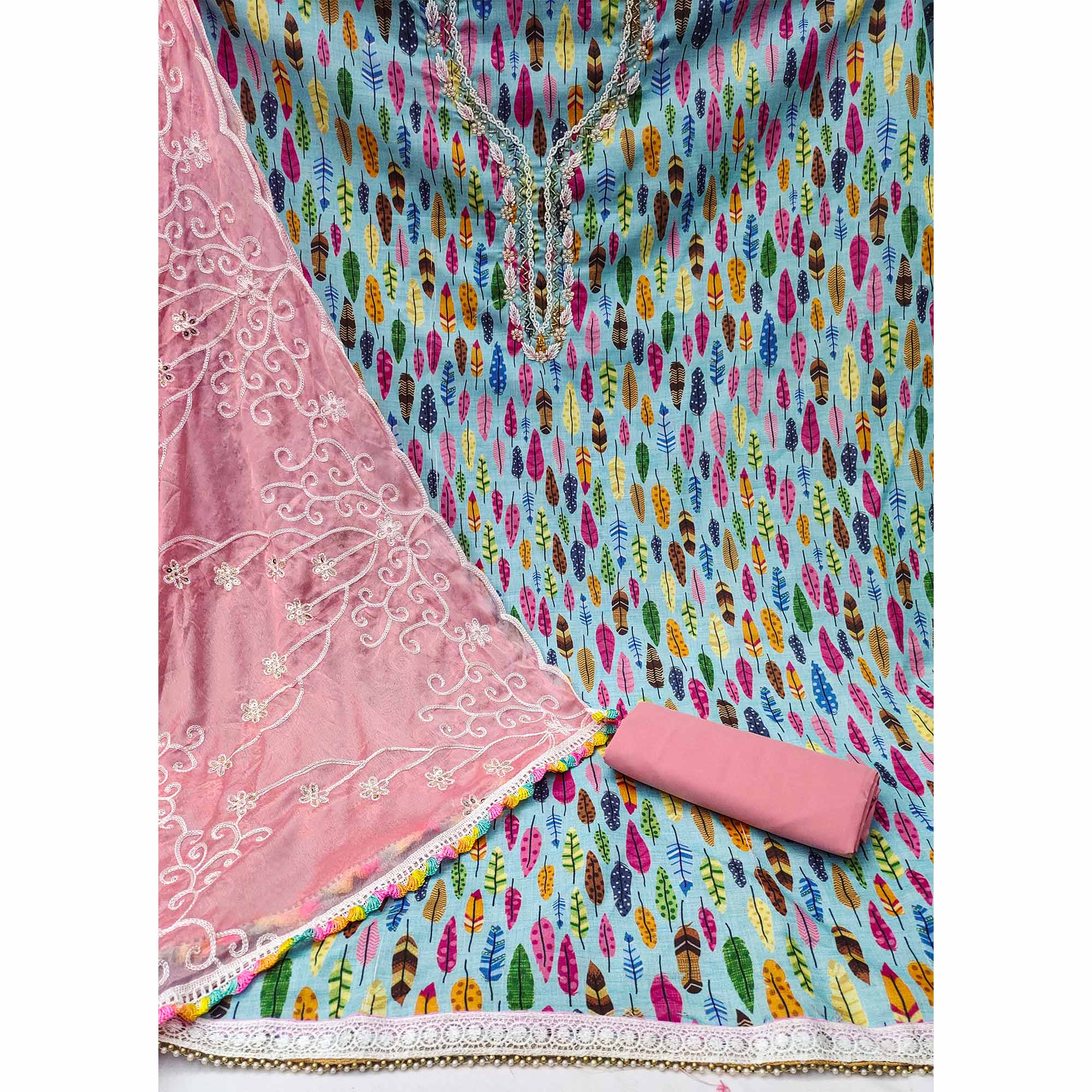 Blue Printed With Handwork Pure Cotton Dress Material