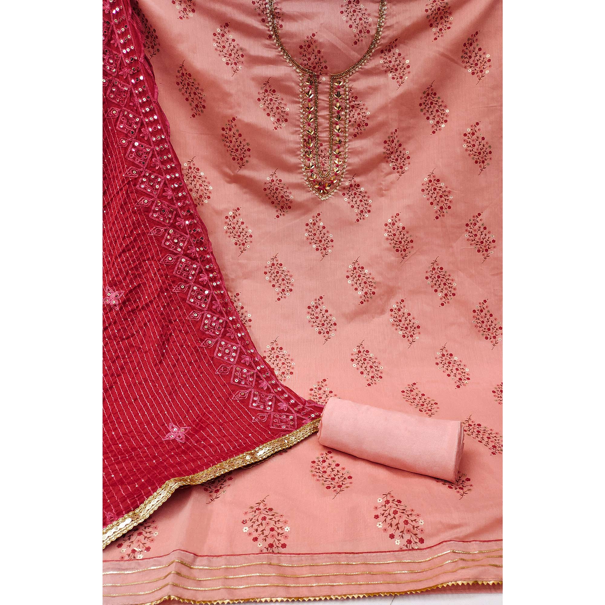 Peach Printed With Handwork Modal Dress Material