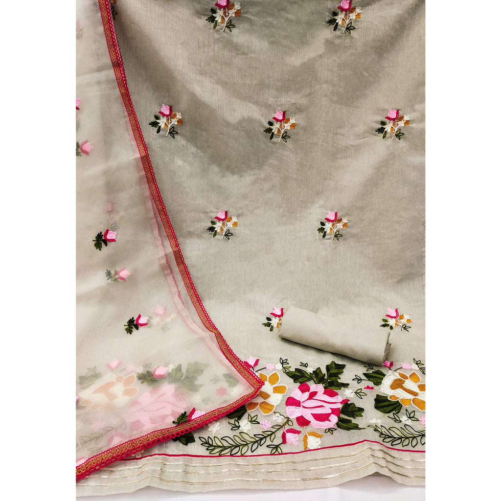 Light Grey Floral Embroidered Modal Dress Material
