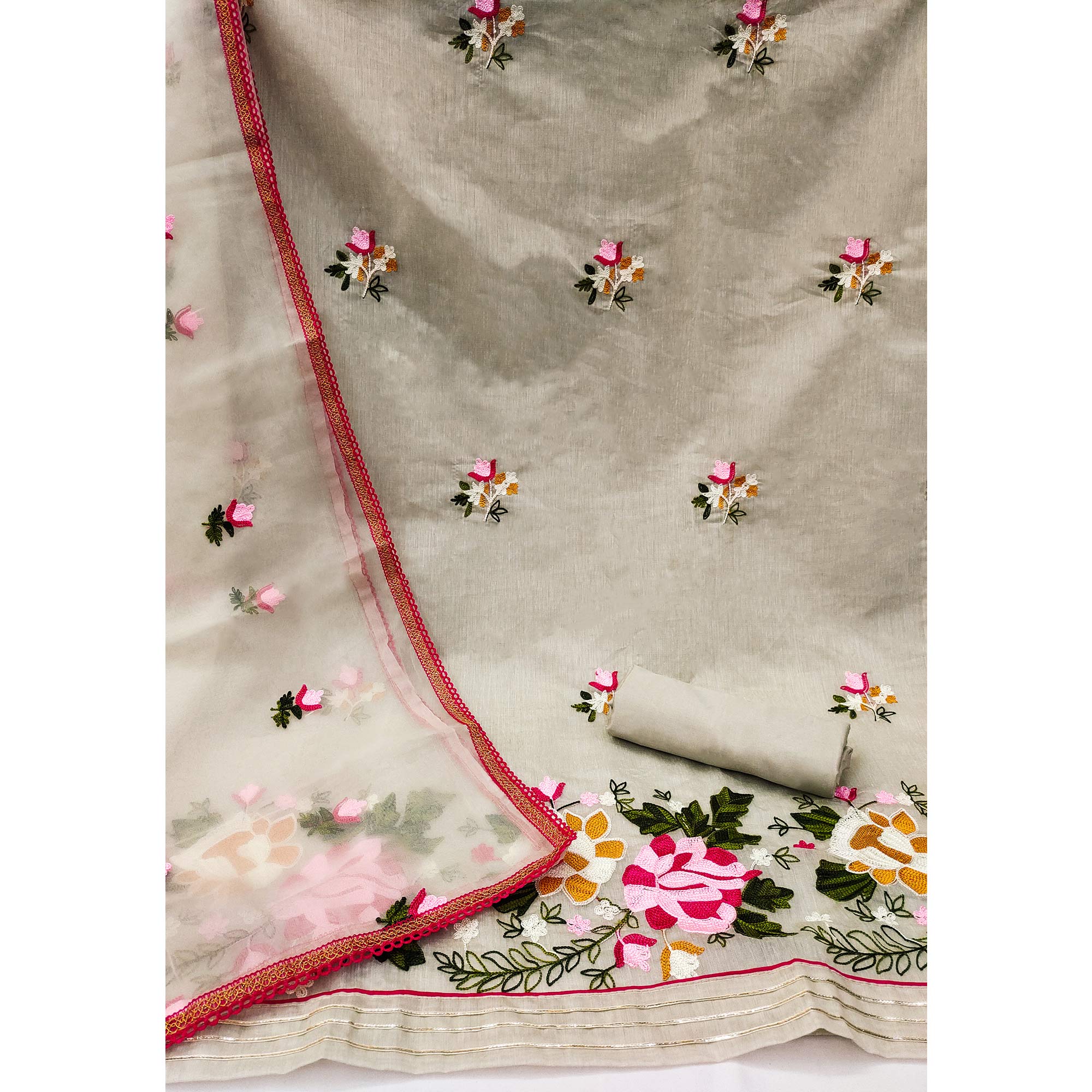 Light Grey Floral Embroidered Modal Dress Material