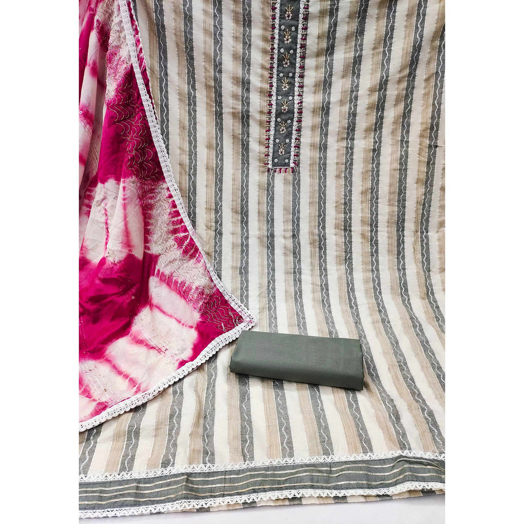 Cream & Pink Embroidered With Handwork Pure Cotton Dress Material