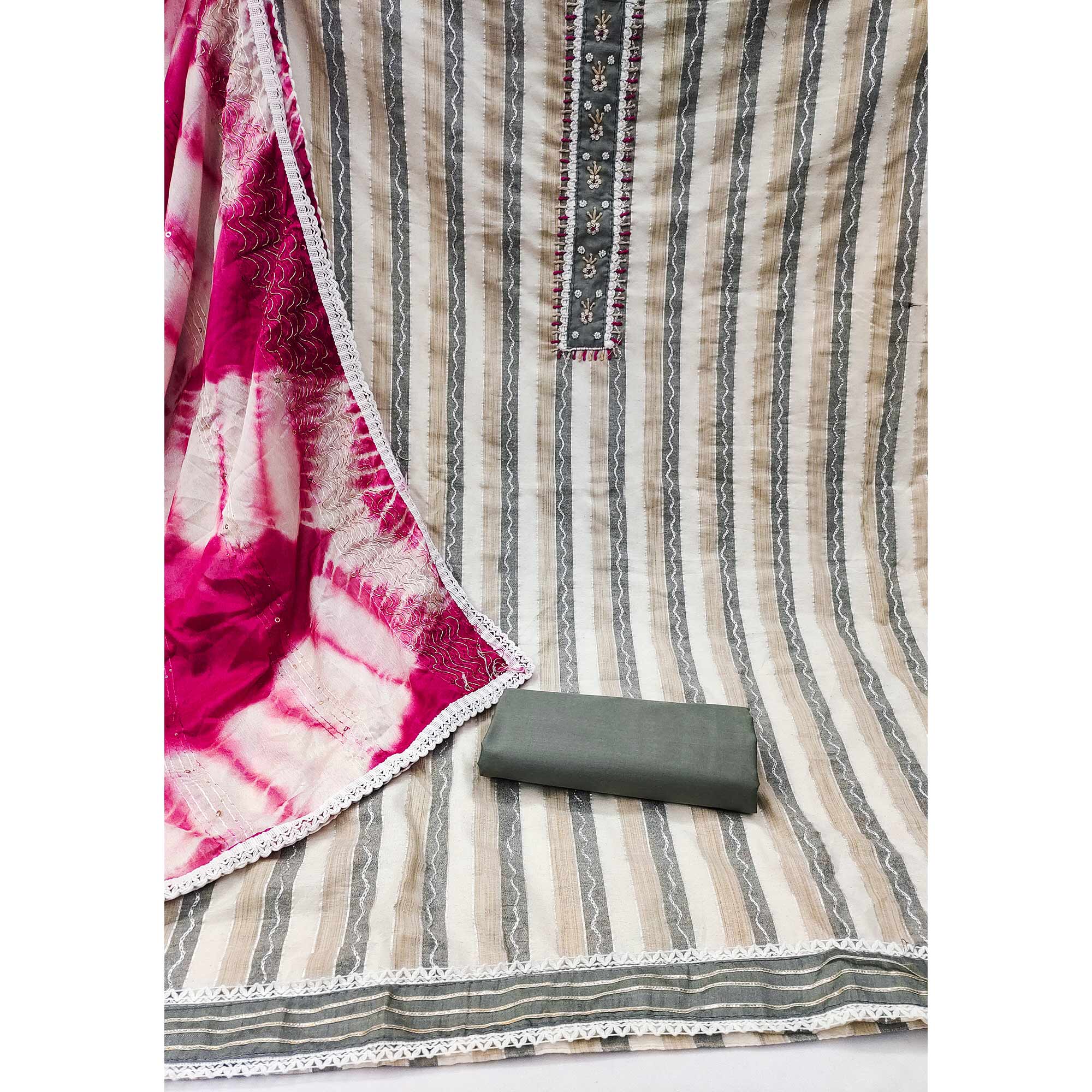 Cream & Pink Embroidered With Handwork Pure Cotton Dress Material