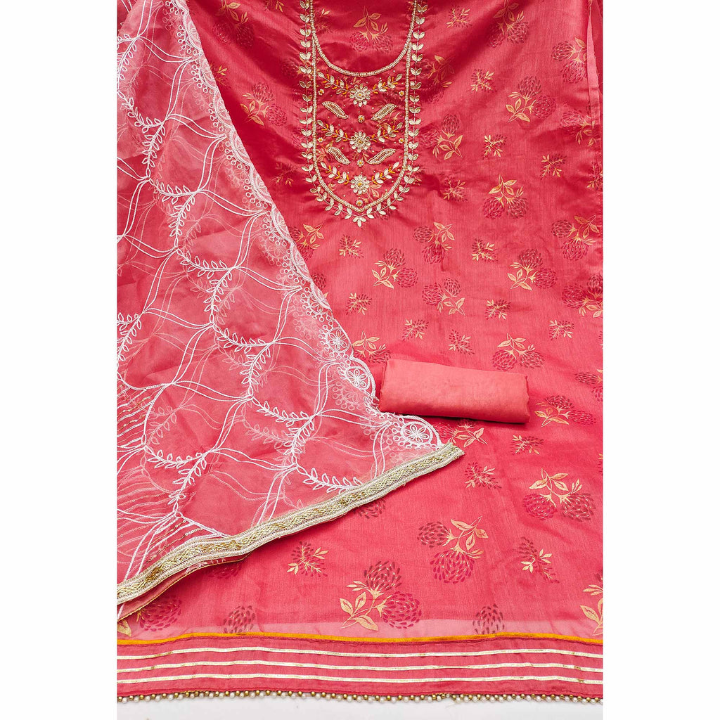 Pink Floral Printed Handwork Modal Dress Material