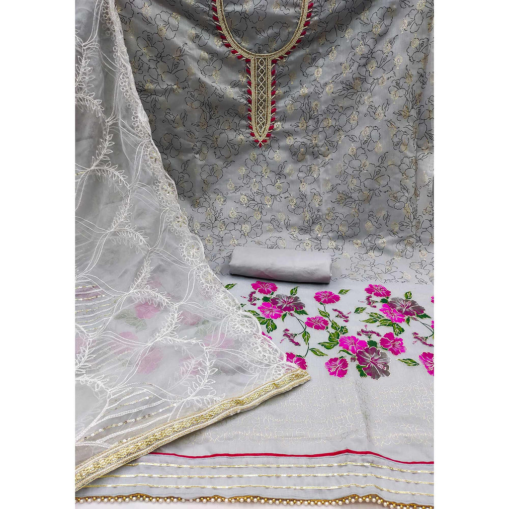 Grey Floral Printed Modal Dress Material