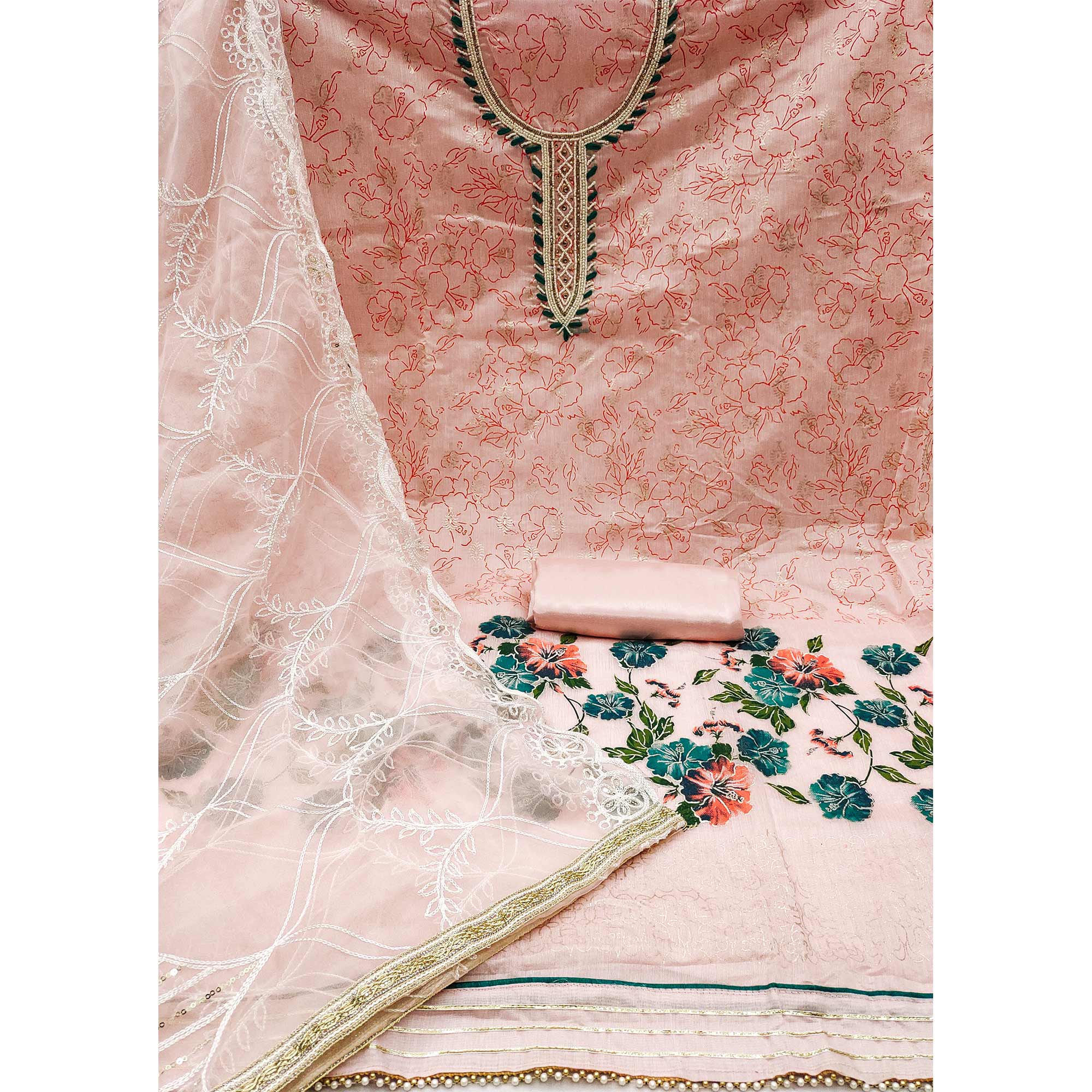 Peach Floral Printed Modal Dress Material