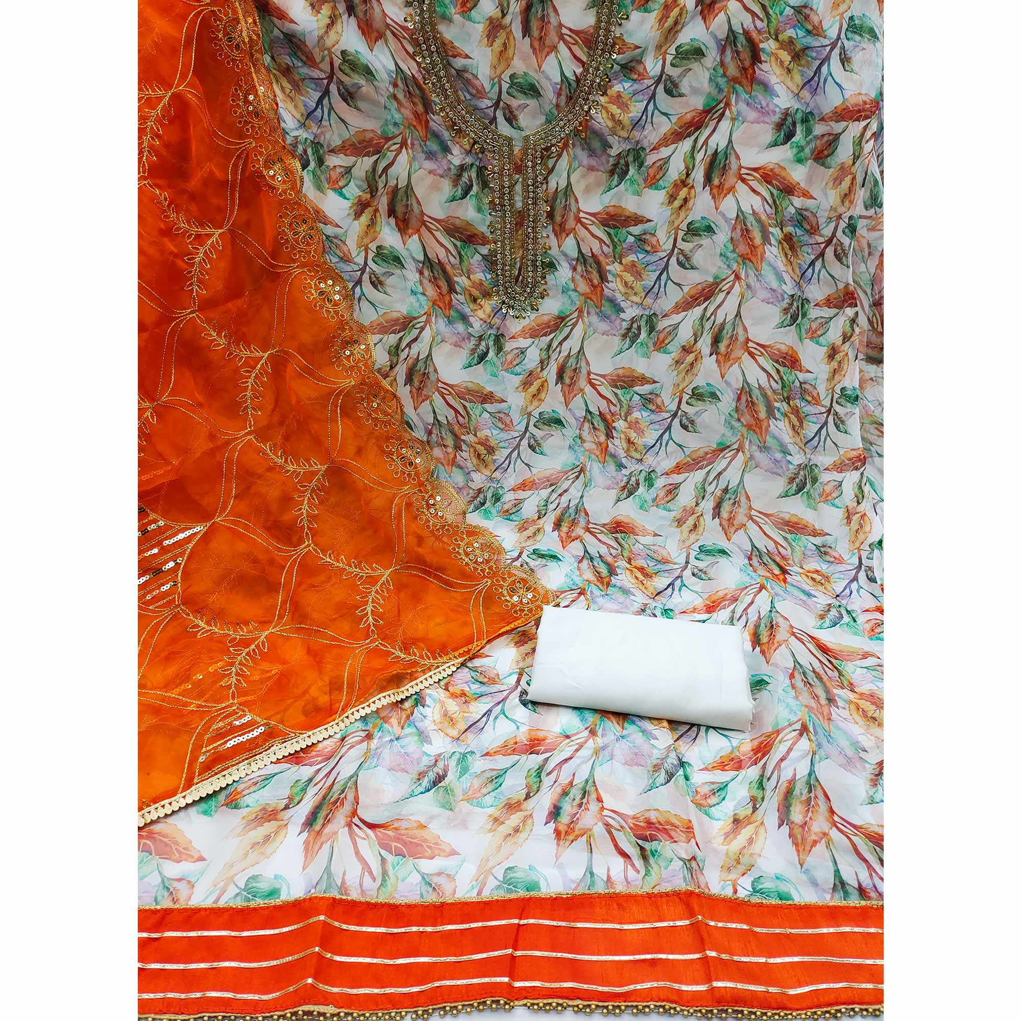 Cream & Orange Digital Printed Organza Dress Material