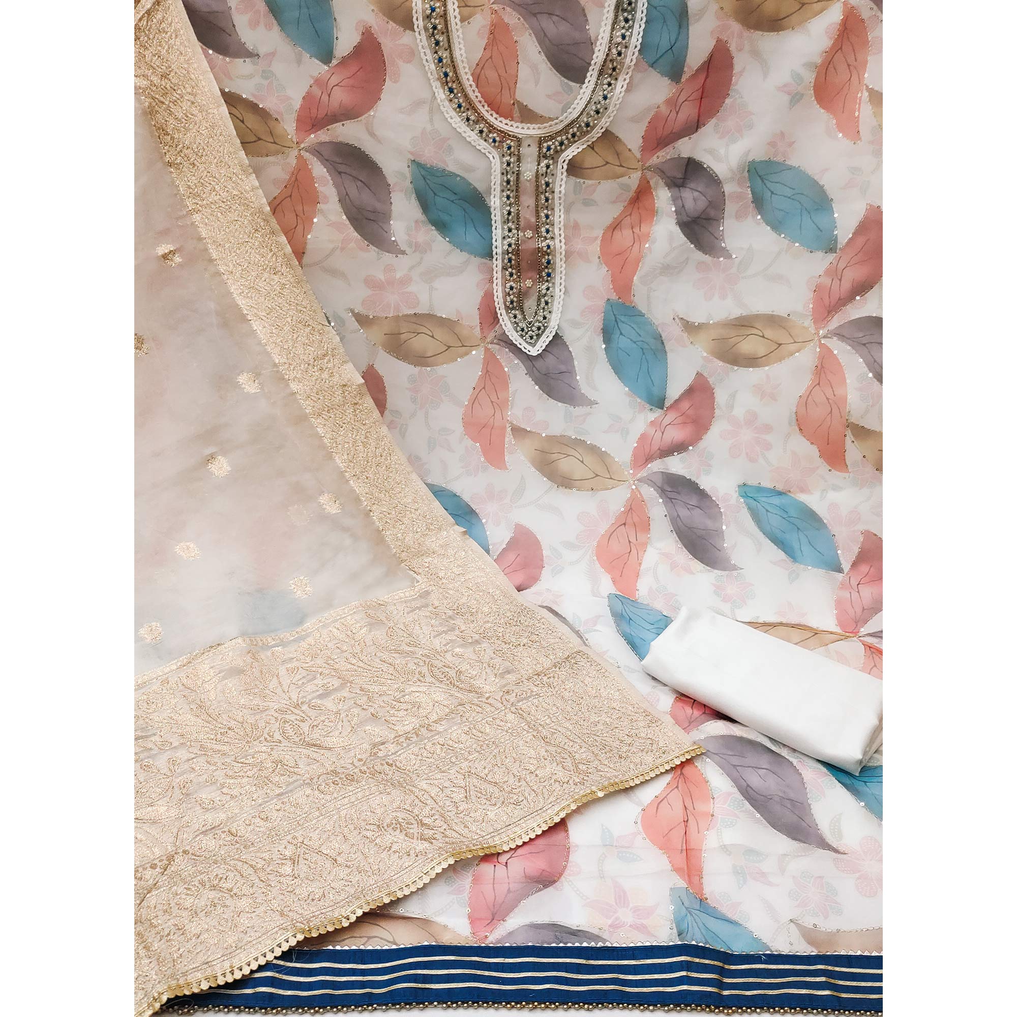 Off White Digital Printed With Handwork Organza Dress Material