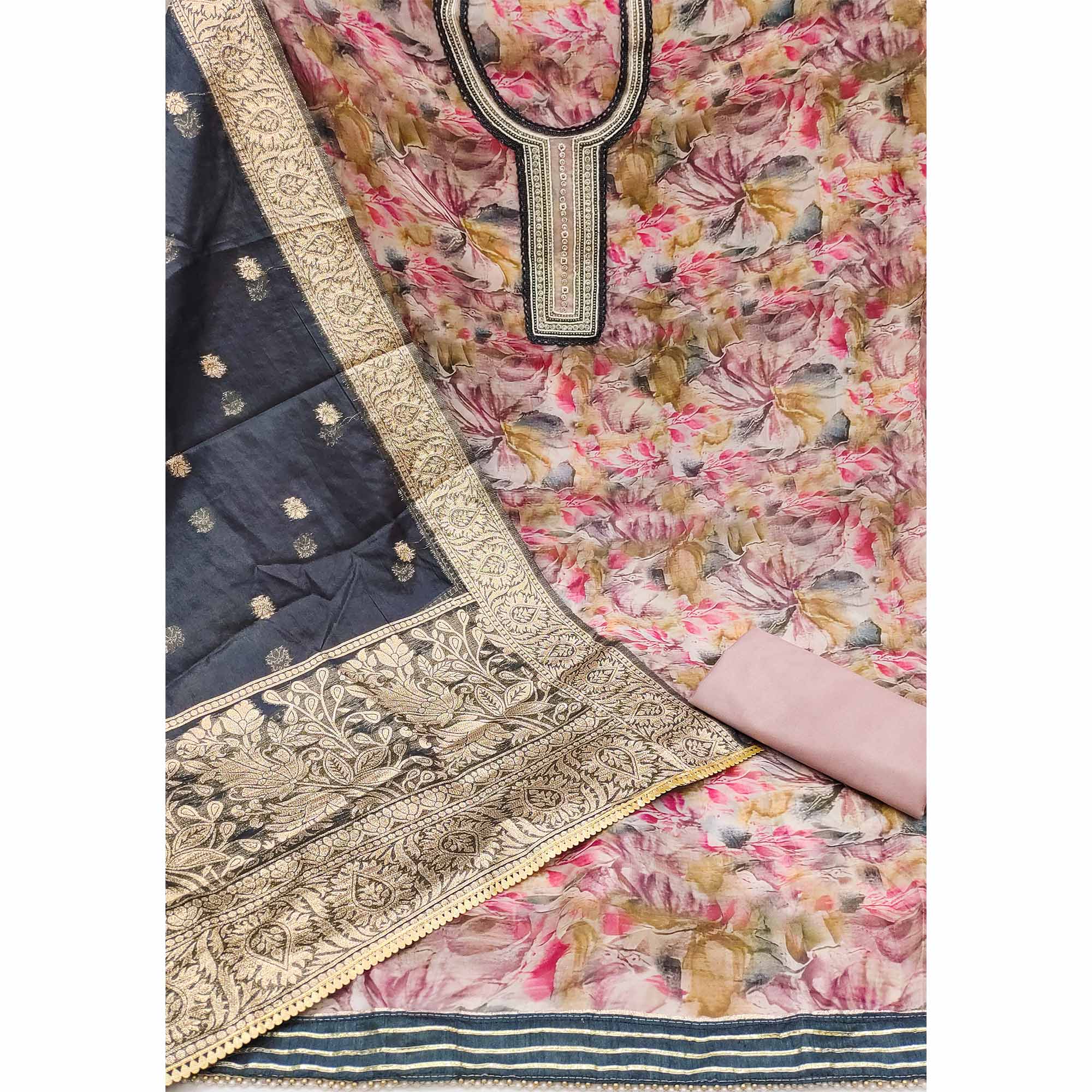 Peach Floral Printed Organza Dress Material