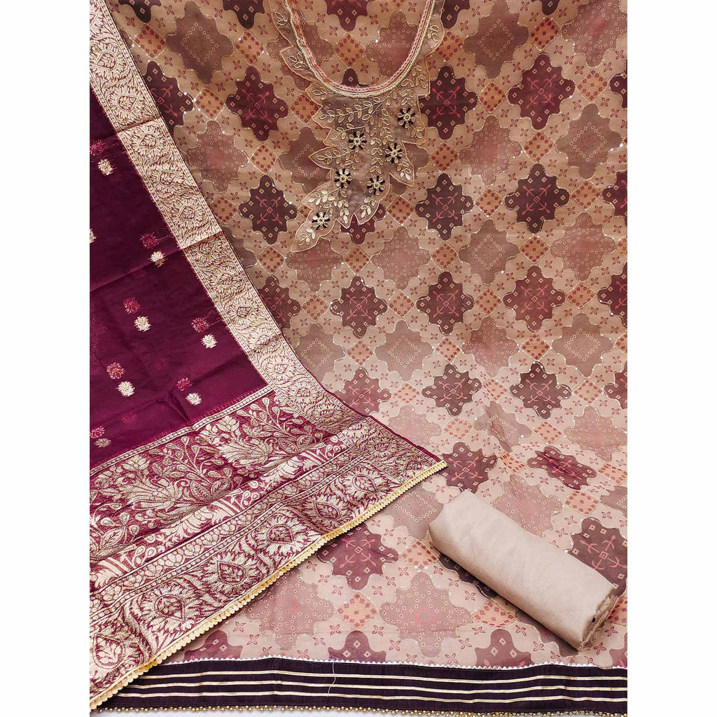 Beige Printed Organza Dress Material