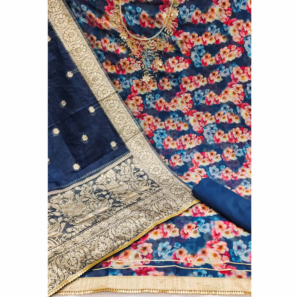 Blue Floral Printed Organza Dress Material