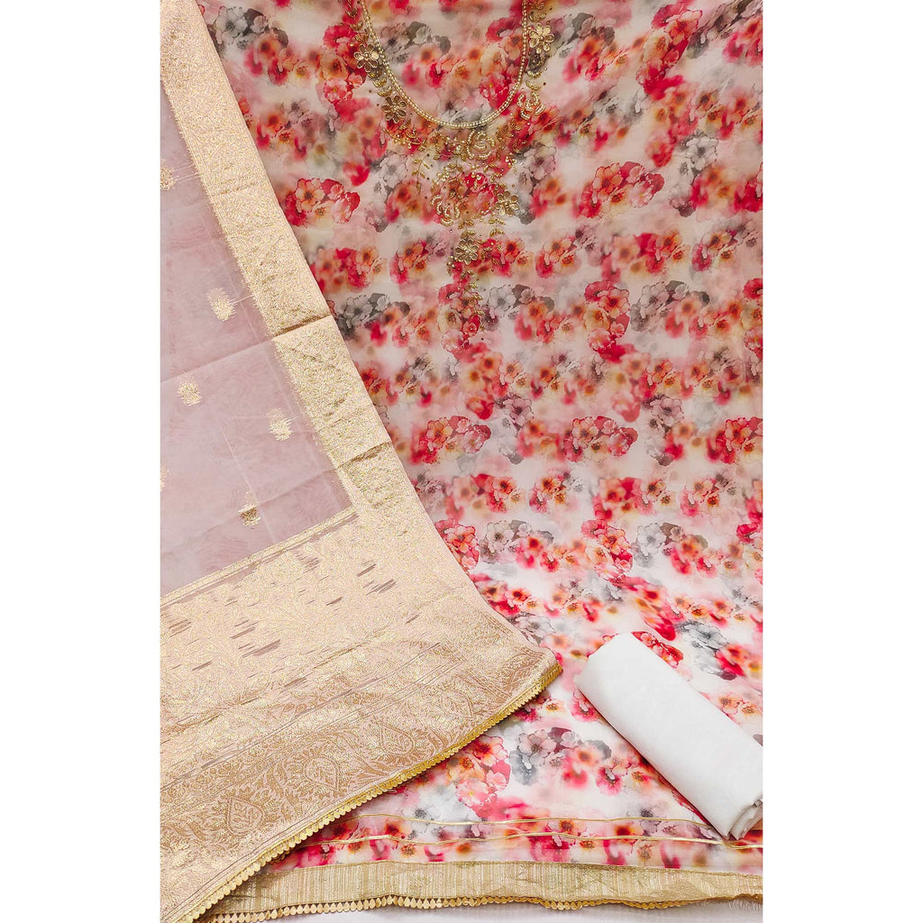 Off White Floral Printed Organza Dress Material