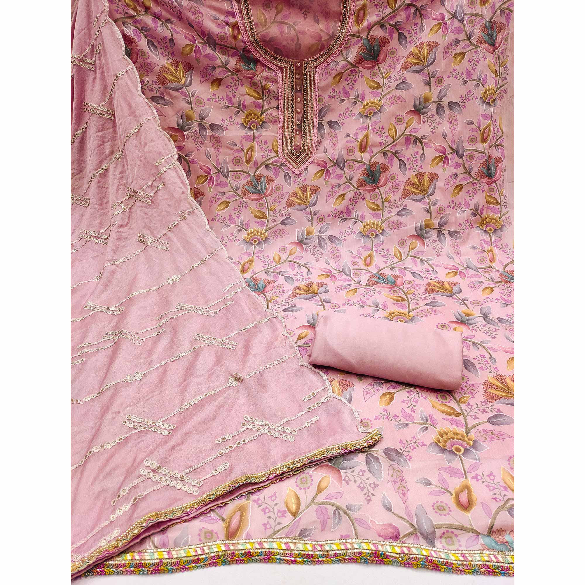 Peach Floral Printed Organza Dress Material