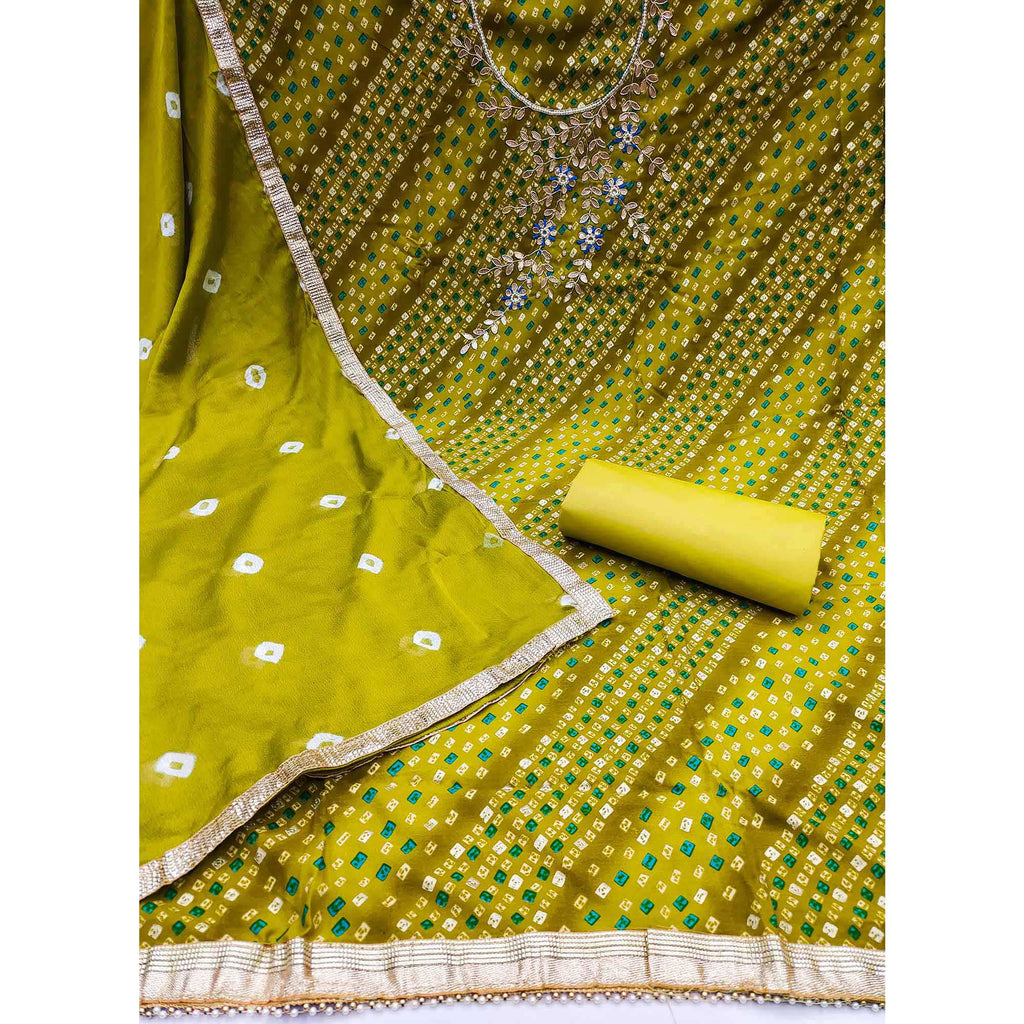 Green Bandhani Printed Cotton Dress Material