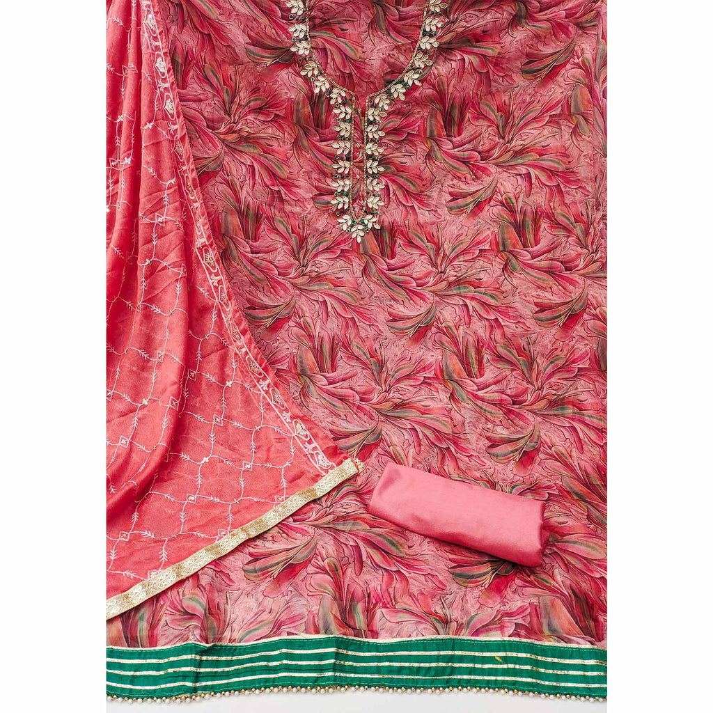 Pink Floral Printed Organza Dress Material