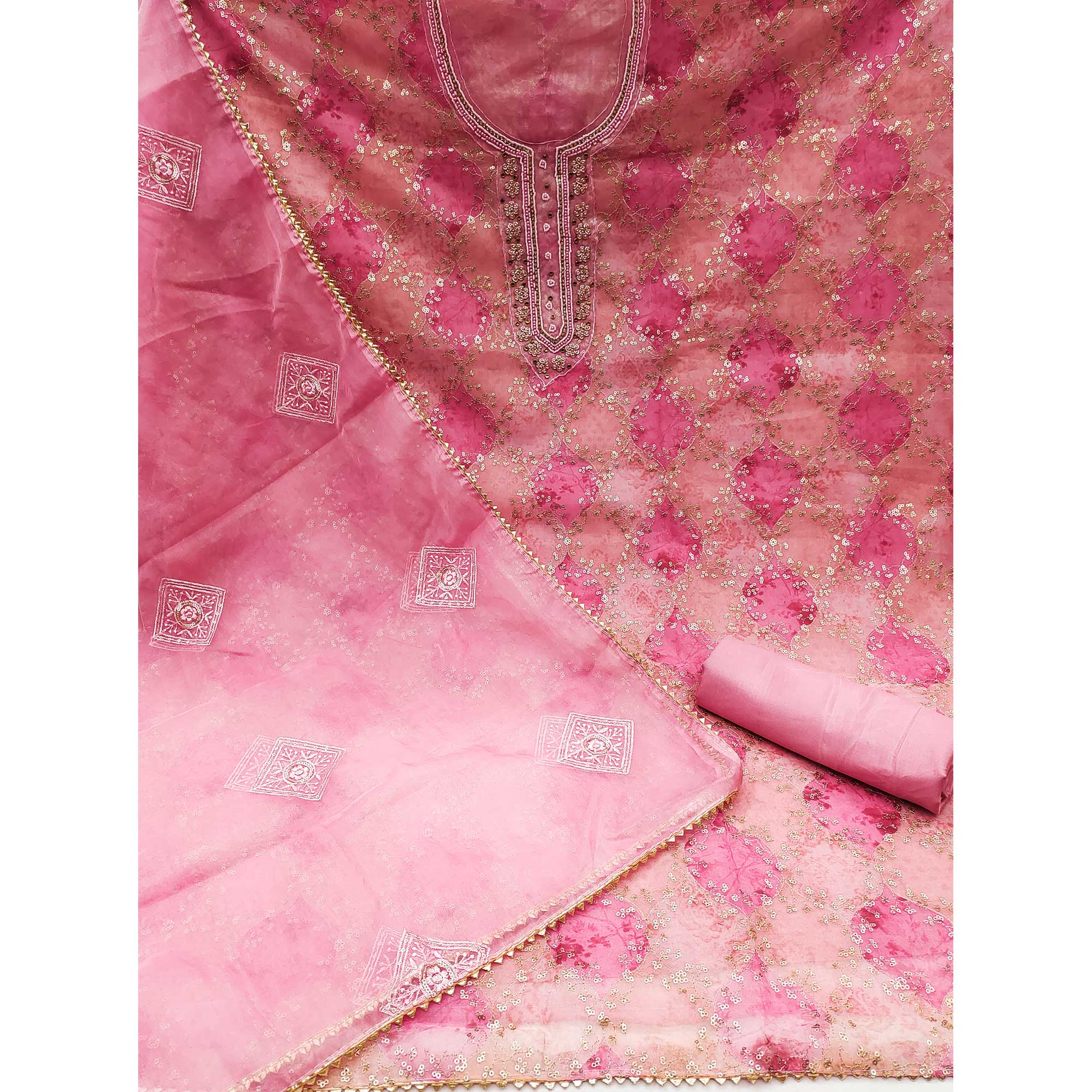 Pink Sequins Embroidered Organza Dress Material