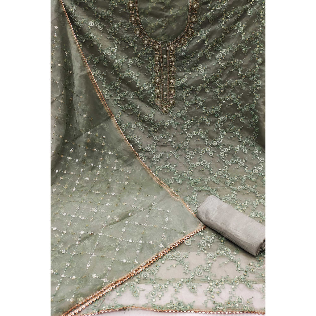 Green Sequins Embroidered Organza Dress Material