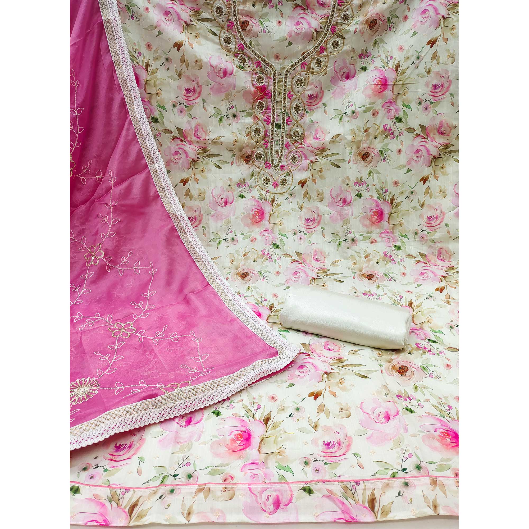 Cream & Pink Floral Digital Printed With Handwork Chanderi Silk Dress Material