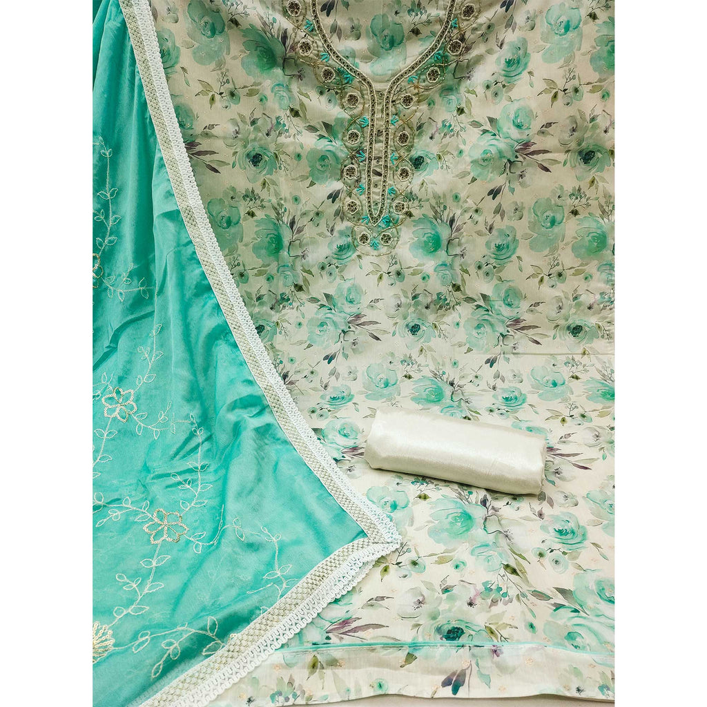 Cream & Turquoise Floral Digital Printed With Handwork Chanderi Silk Dress Material