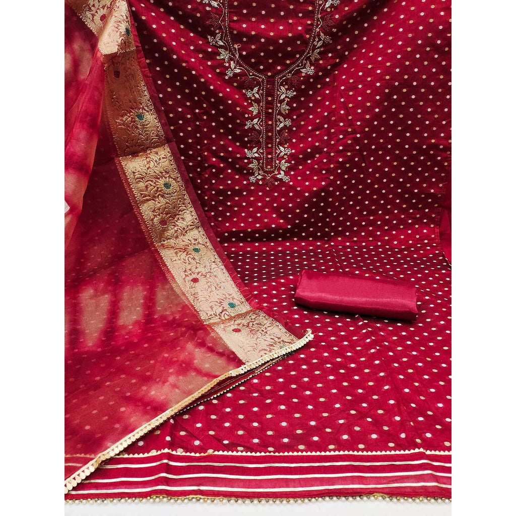 Maroon Woven With Handwork Chanderi Silk Dress Material