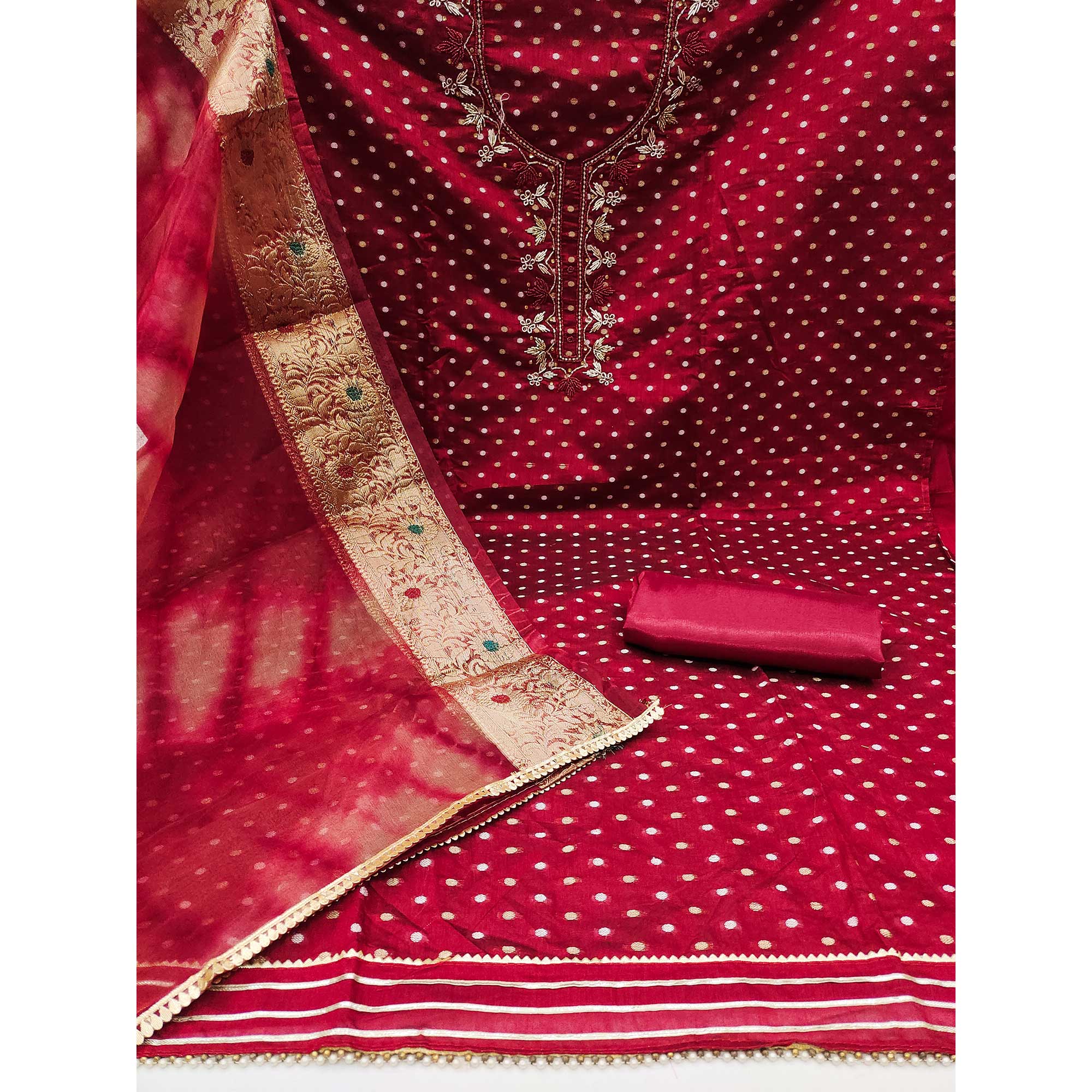 Maroon Woven With Handwork Chanderi Silk Dress Material