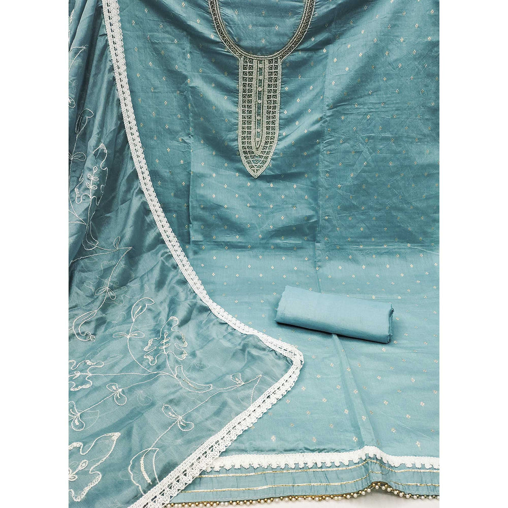 Blue Woven With Moti Handwork Chanderi Silk Dress Material