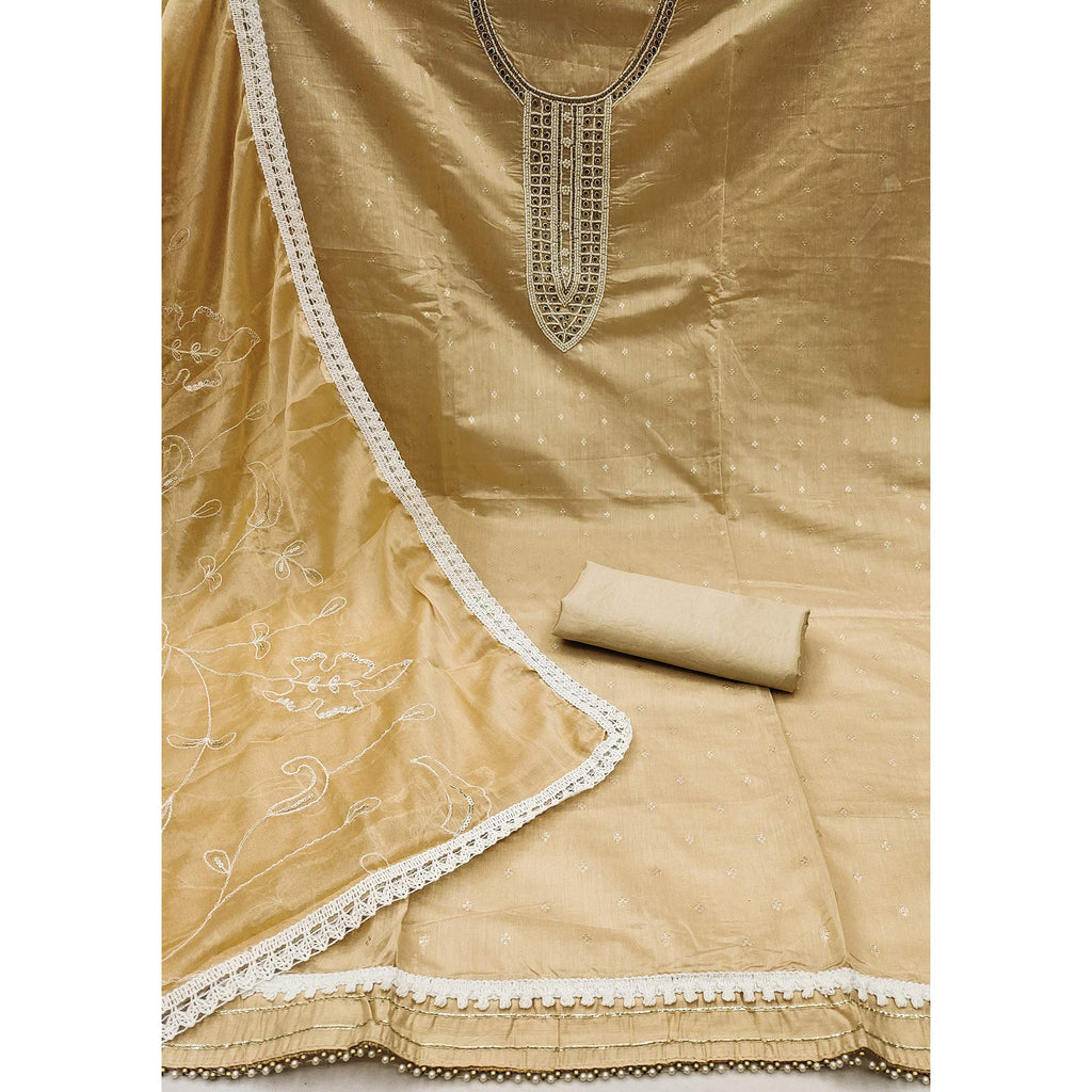 Chikoo Woven With Moti Handwork Chanderi Silk Dress Material